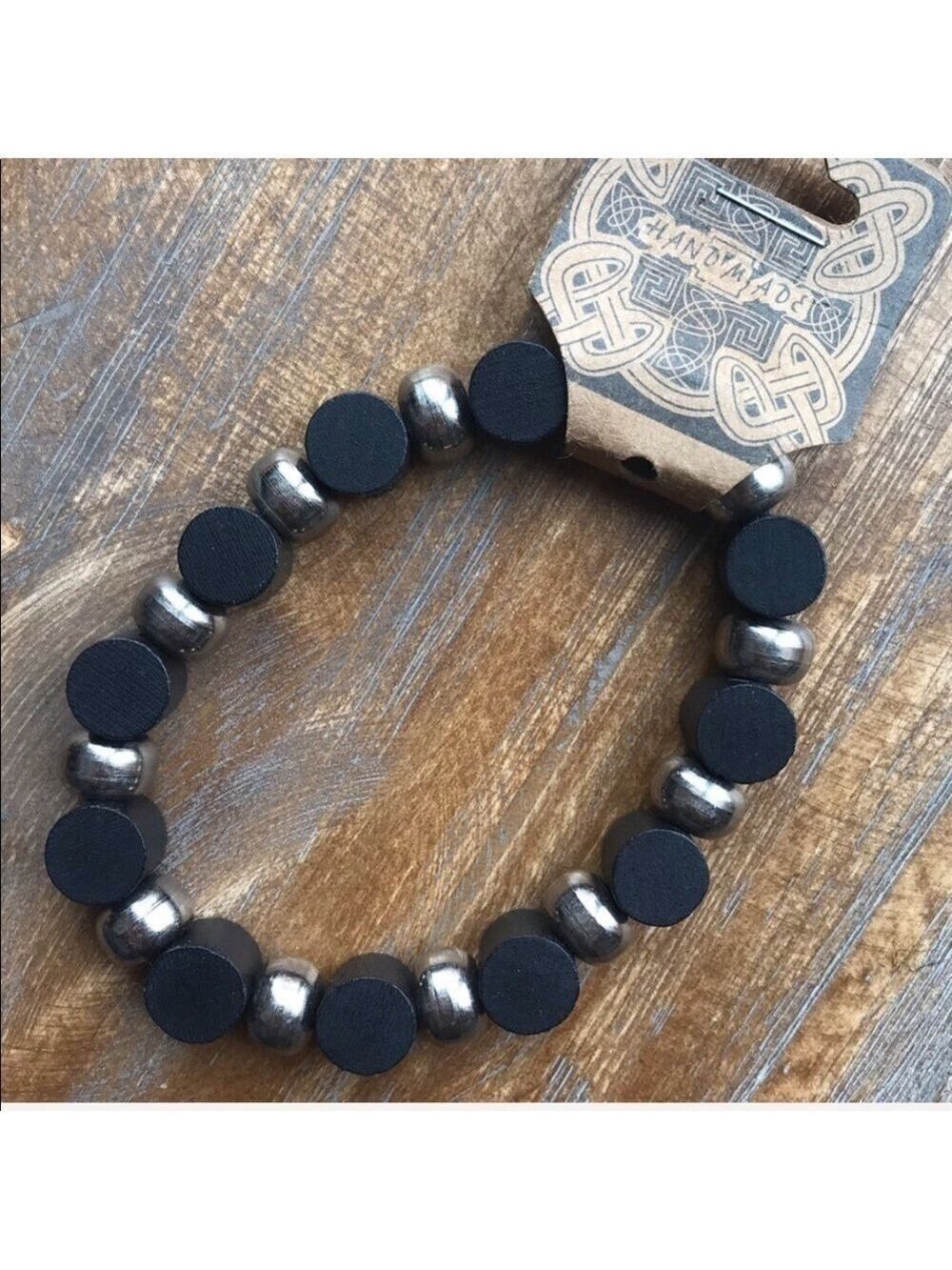 Handmade wooden cylinder beaded stretch bracelet